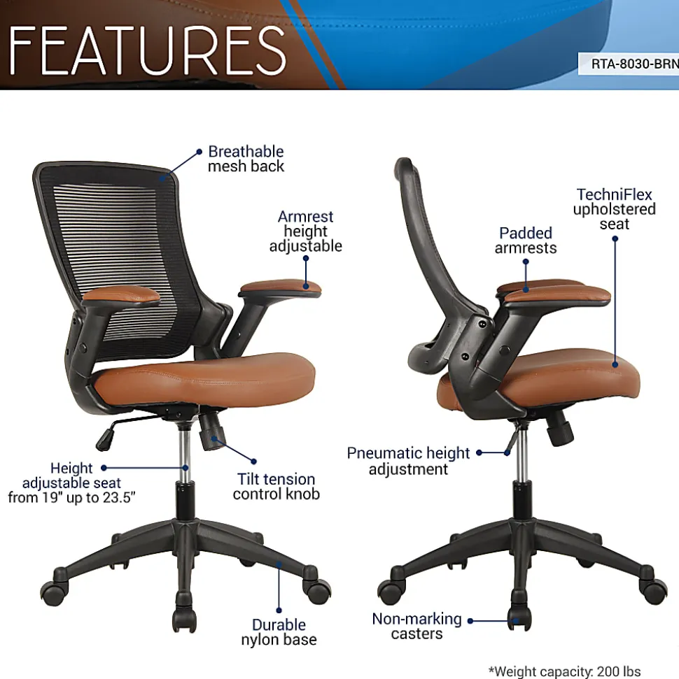 Techni Mobili Ergonomic Mesh Mid-Back Task Chair, Brown