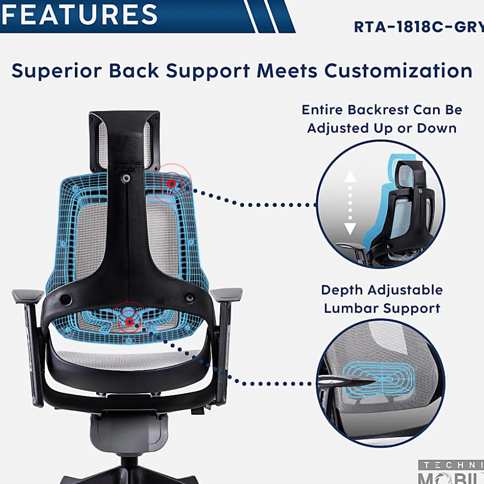 Techni Mobili Ergonomic Mesh High-Back Executive Office Chair, Gray, RTA1818CGRY
