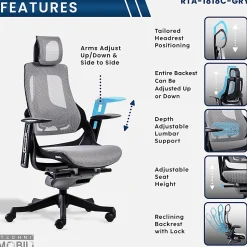 Techni Mobili Ergonomic Mesh High-Back Executive Office Chair, Gray, RTA1818CGRY