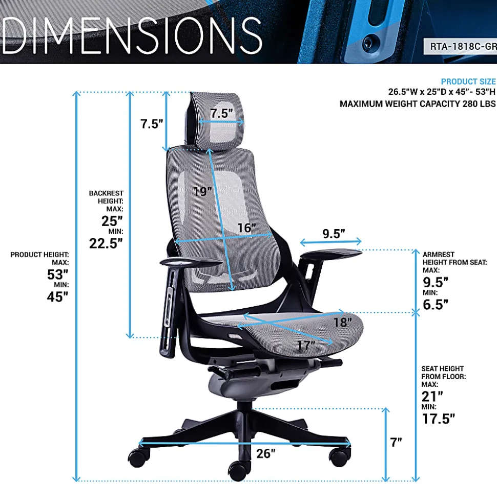 Techni Mobili Ergonomic Mesh High-Back Executive Office Chair, Gray, RTA1818CGRY
