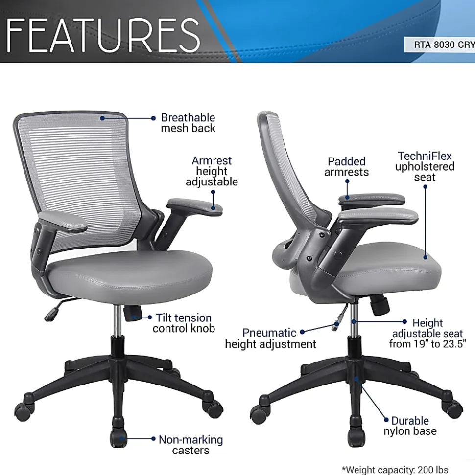 Techni Mobili Ergonomic Mesh Mid-Back Task Chair, Gray