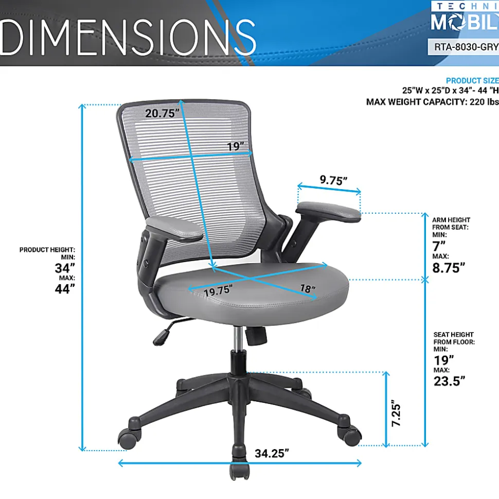 Techni Mobili Ergonomic Mesh Mid-Back Task Chair, Gray