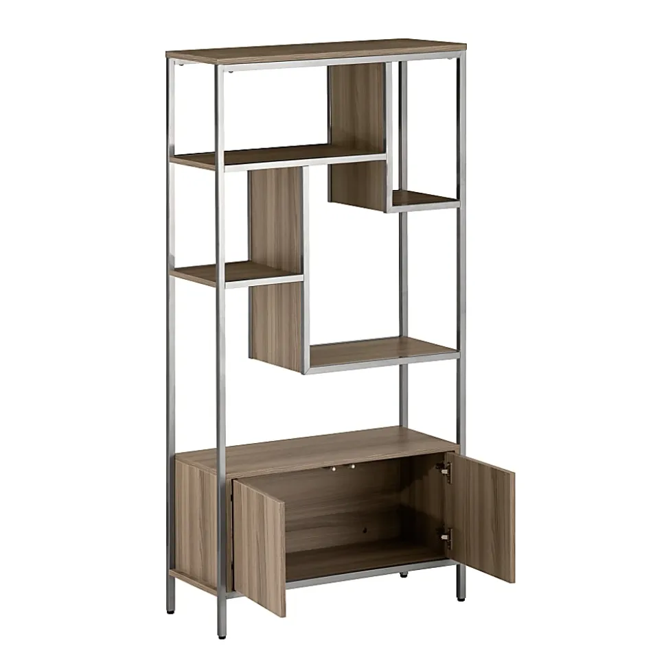 Techni Mobili 63"H Storage Rack 5-Shelf Bookcase With 2-Door Cabinet, Oak