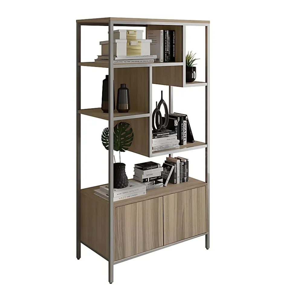 Techni Mobili 63"H Storage Rack 5-Shelf Bookcase With 2-Door Cabinet, Oak