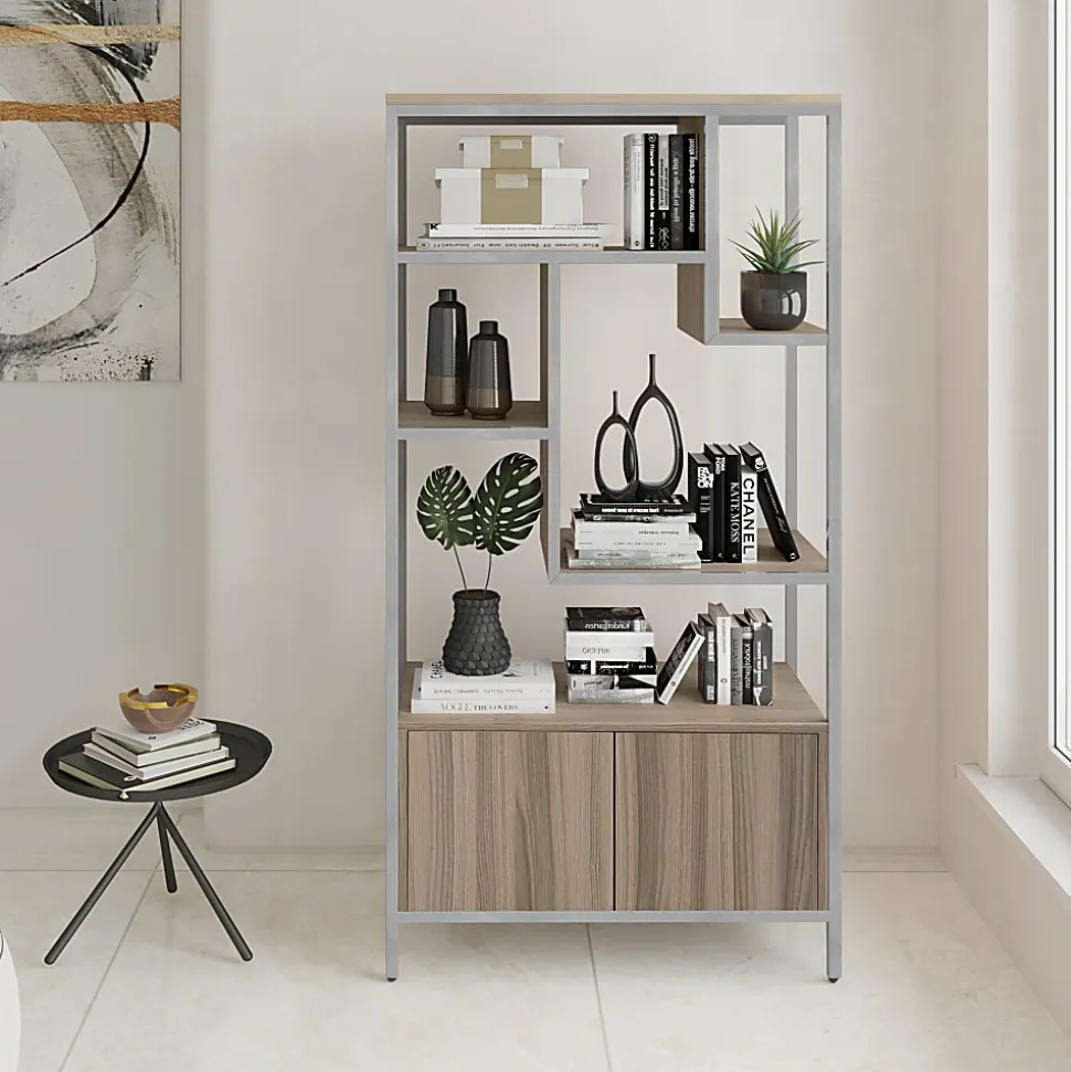 Techni Mobili 63"H Storage Rack 5-Shelf Bookcase With 2-Door Cabinet, Oak