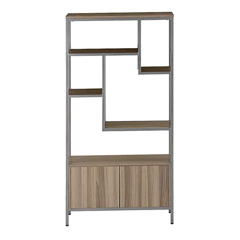 Techni Mobili 63"H Storage Rack 5-Shelf Bookcase With 2-Door Cabinet, Oak