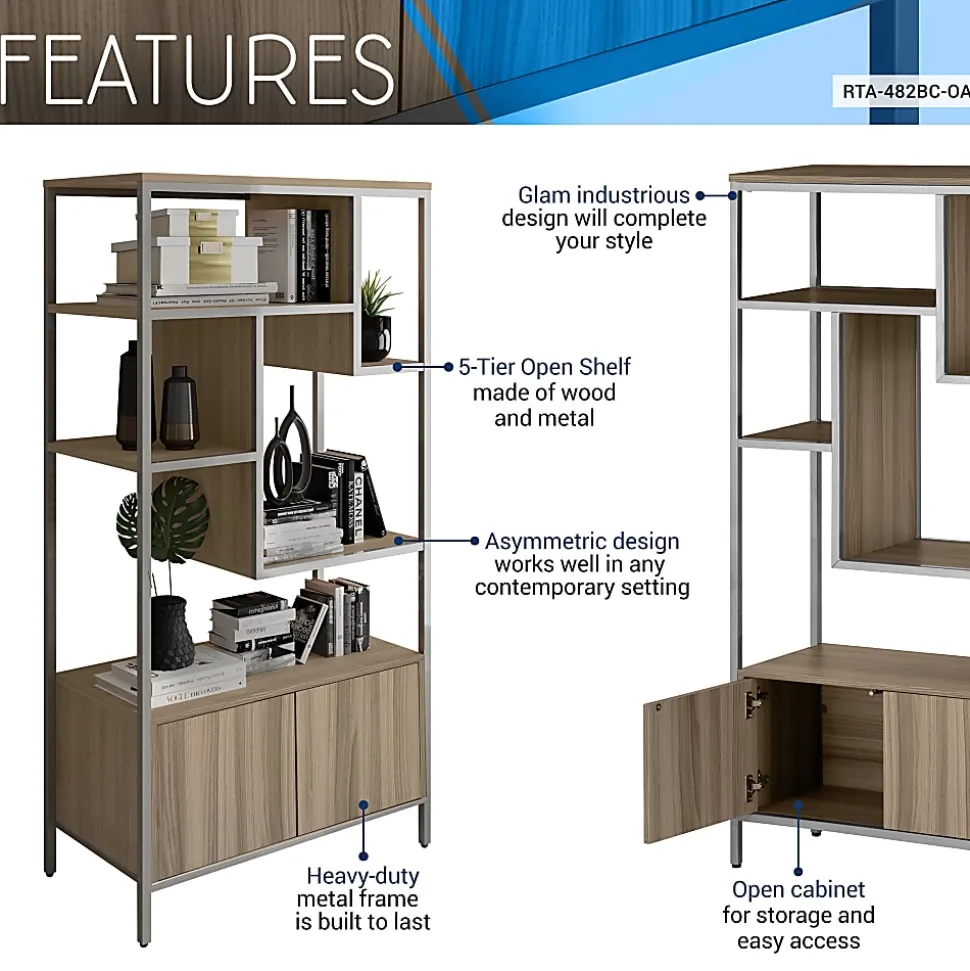 Techni Mobili 63"H Storage Rack 5-Shelf Bookcase With 2-Door Cabinet, Oak