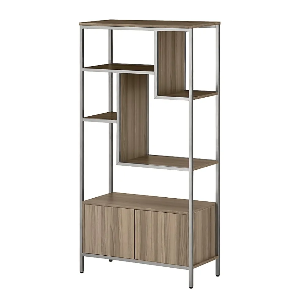 Techni Mobili 63"H Storage Rack 5-Shelf Bookcase With 2-Door Cabinet, Oak