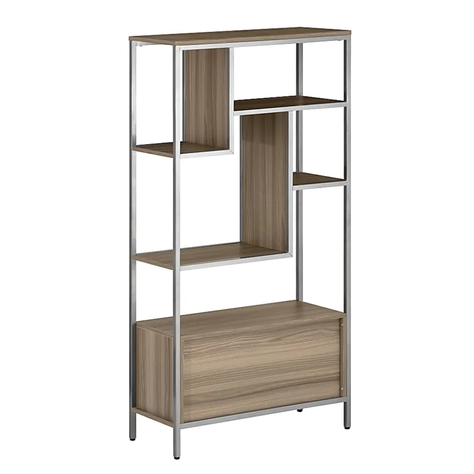 Techni Mobili 63"H Storage Rack 5-Shelf Bookcase With 2-Door Cabinet, Oak
