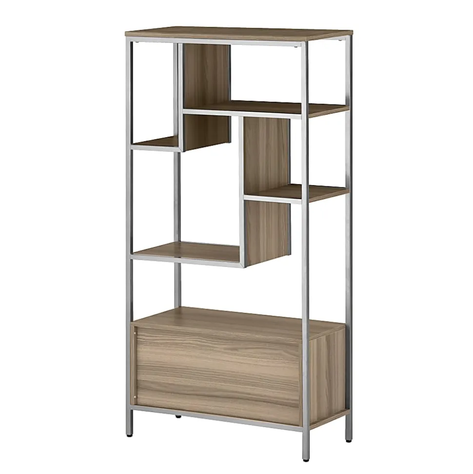 Techni Mobili 63"H Storage Rack 5-Shelf Bookcase With 2-Door Cabinet, Oak