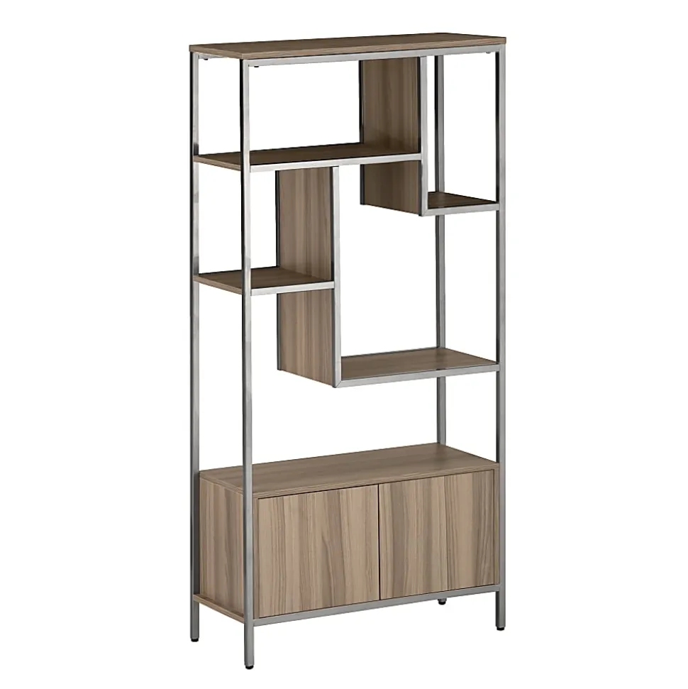Techni Mobili 63"H Storage Rack 5-Shelf Bookcase With 2-Door Cabinet, Oak