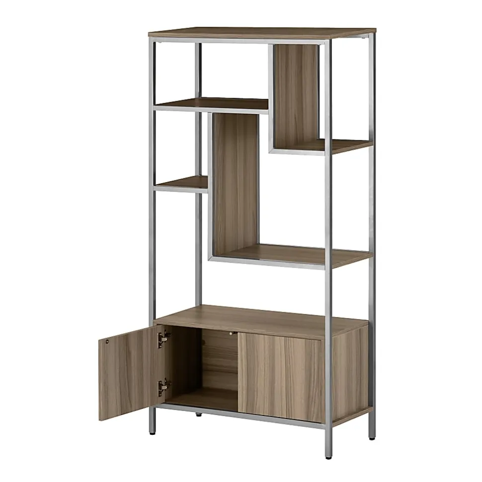 Techni Mobili 63"H Storage Rack 5-Shelf Bookcase With 2-Door Cabinet, Oak