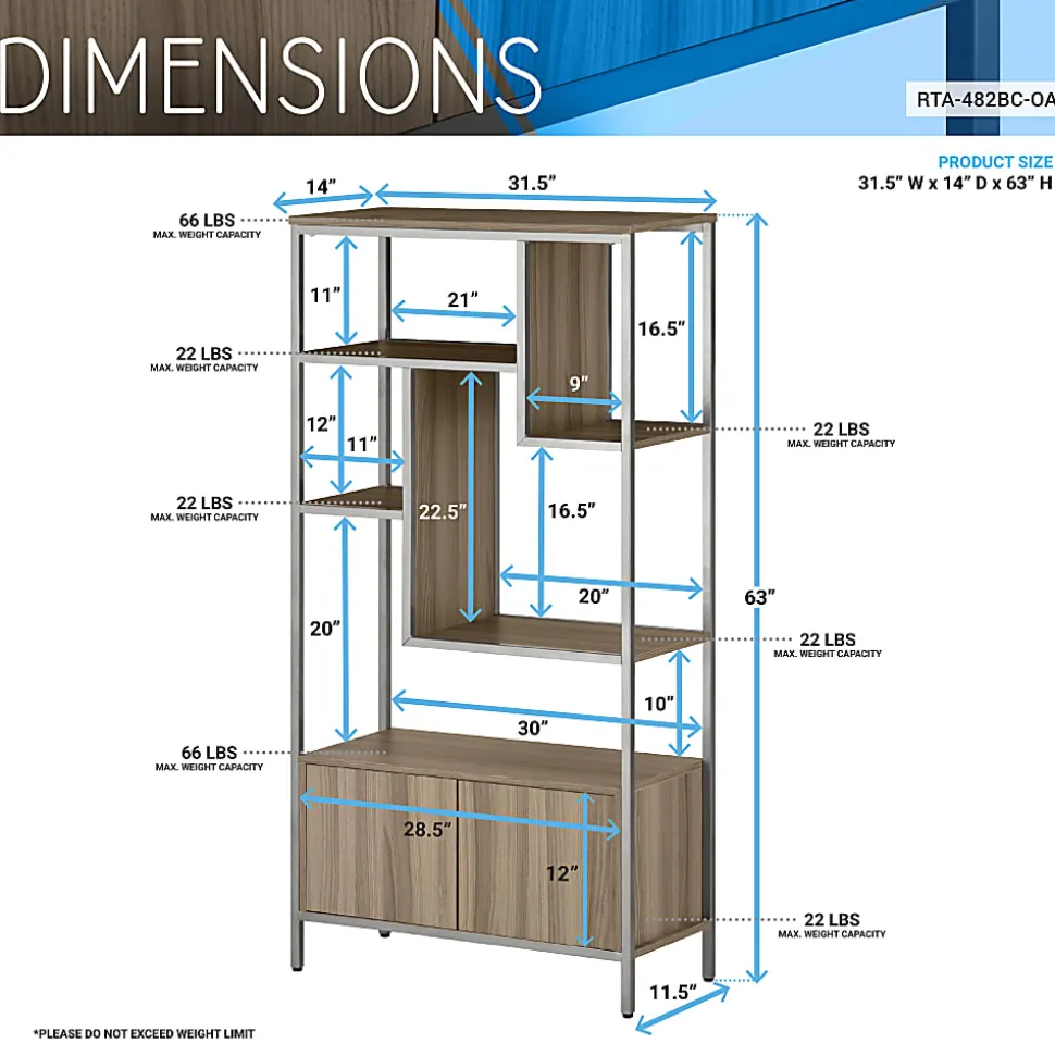 Techni Mobili 63"H Storage Rack 5-Shelf Bookcase With 2-Door Cabinet, Oak