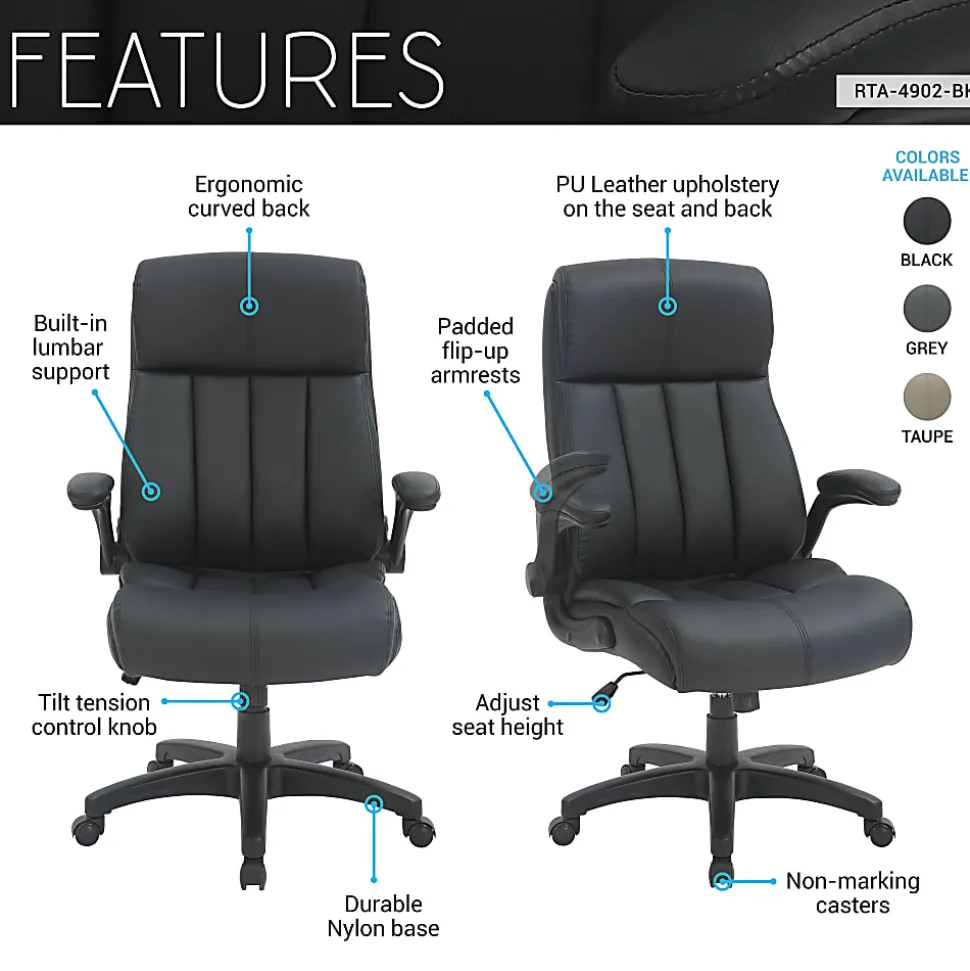Techni Mobili RTA-4902-BK Faux Leather Executive Office Chair, Black