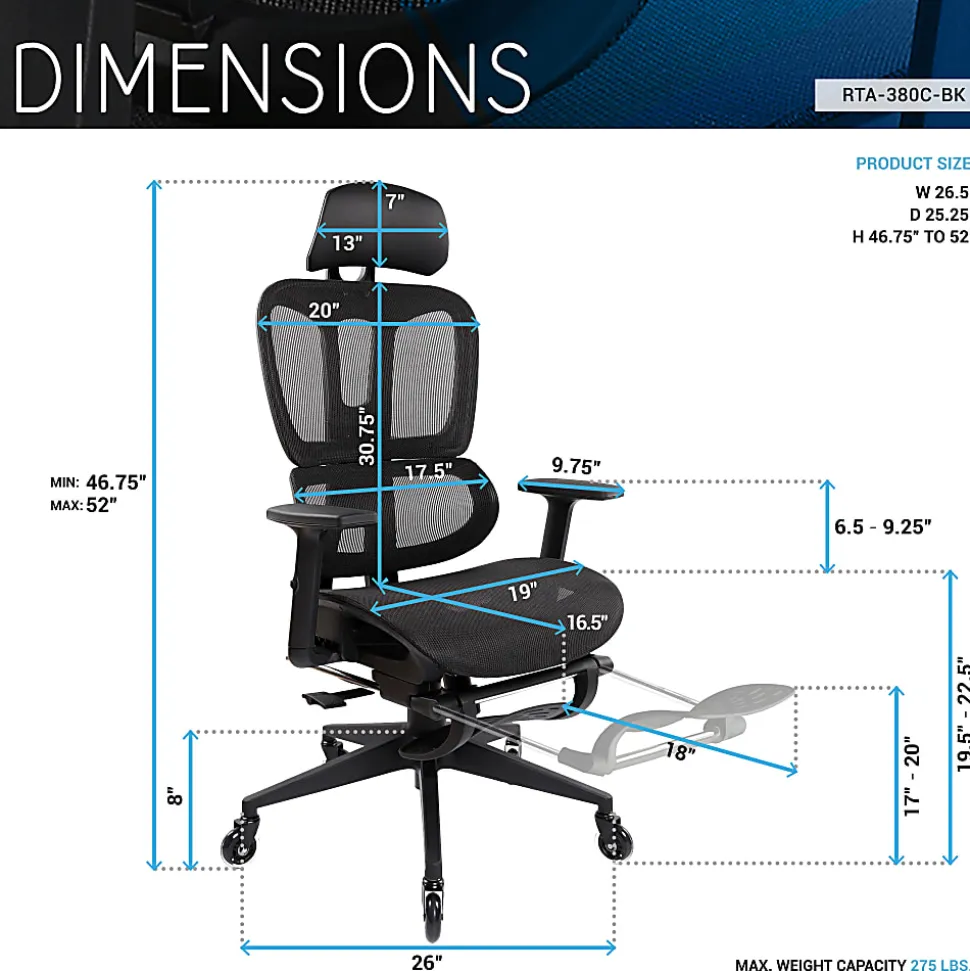 Techni Mobili Ultimate Reclining Ergonomic Mesh High-Back Task Chair, Black, Total Qty 1