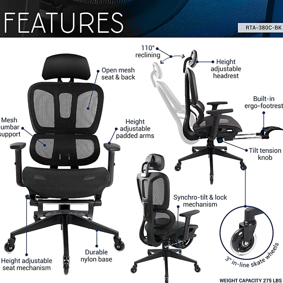 Techni Mobili Ultimate Reclining Ergonomic Mesh High-Back Task Chair, Black, Total Qty 1