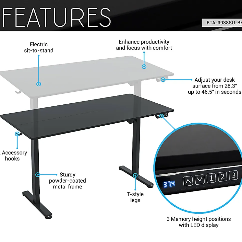 Techni Mobili 55”W Electric Adjustable Height Standing Desk, Black, Total Qty 1