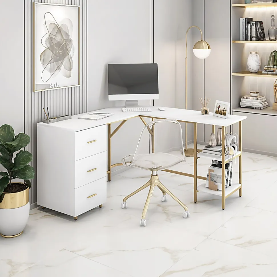 Techni Mobili 59"W L-Shaped 2-Tone Home Office Computer Desk With Storage, Gold