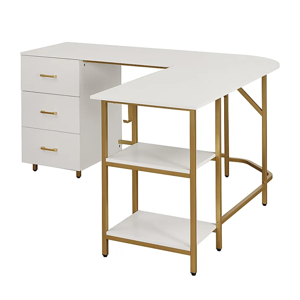 Techni Mobili 59"W L-Shaped 2-Tone Home Office Computer Desk With Storage, Gold