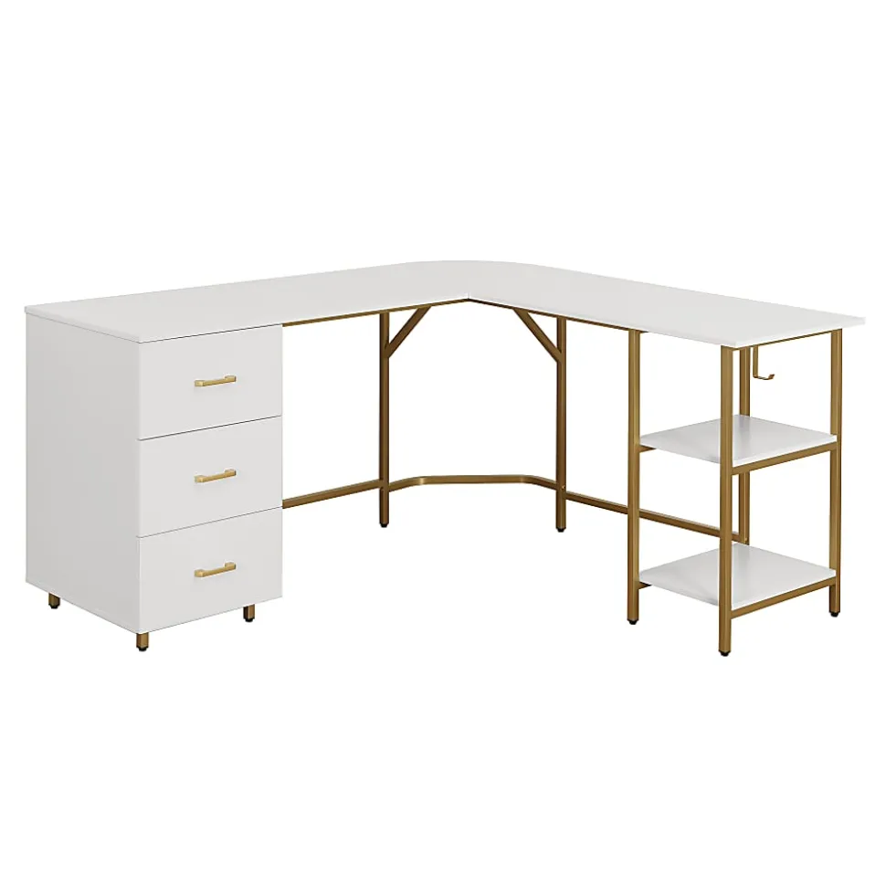 Techni Mobili 59"W L-Shaped 2-Tone Home Office Computer Desk With Storage, Gold
