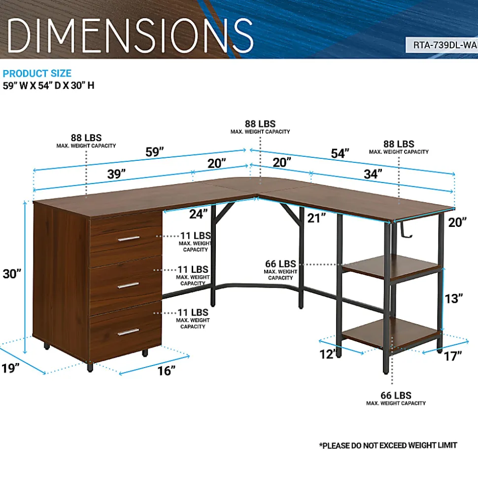 Techni Mobili 59"W L-Shaped 2-Tone Home Office Computer Desk With Storage, Walnut