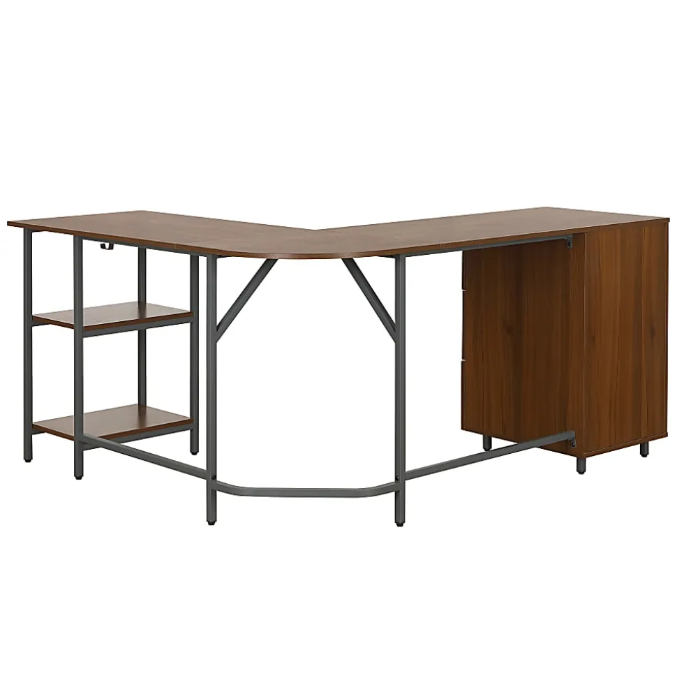 Techni Mobili 59"W L-Shaped 2-Tone Home Office Computer Desk With Storage, Walnut