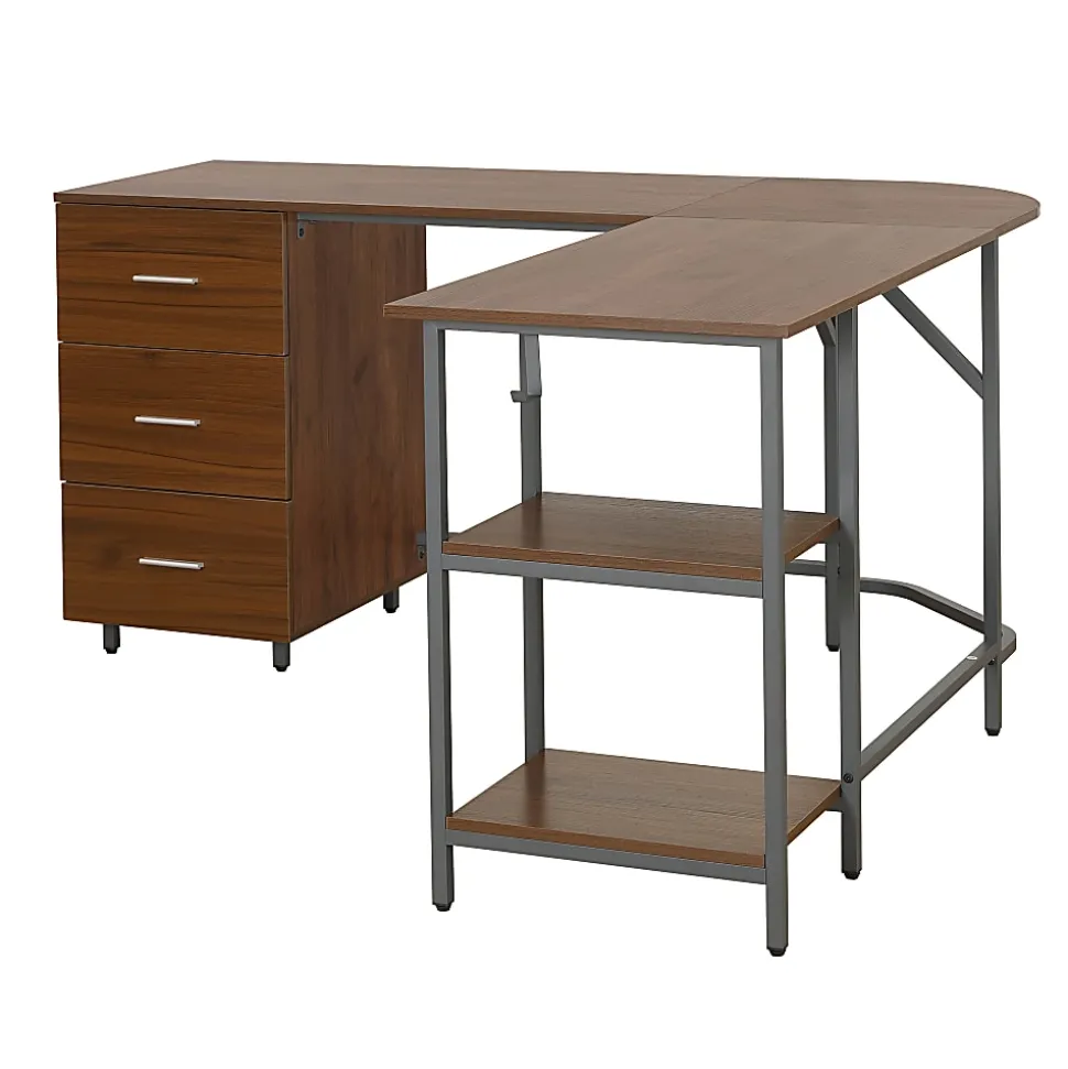 Techni Mobili 59"W L-Shaped 2-Tone Home Office Computer Desk With Storage, Walnut
