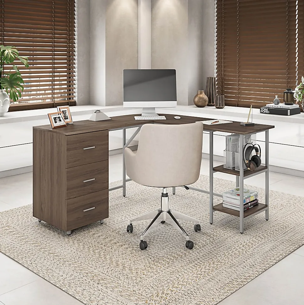 Techni Mobili 59"W L-Shaped 2-Tone Home Office Computer Desk With Storage, Walnut