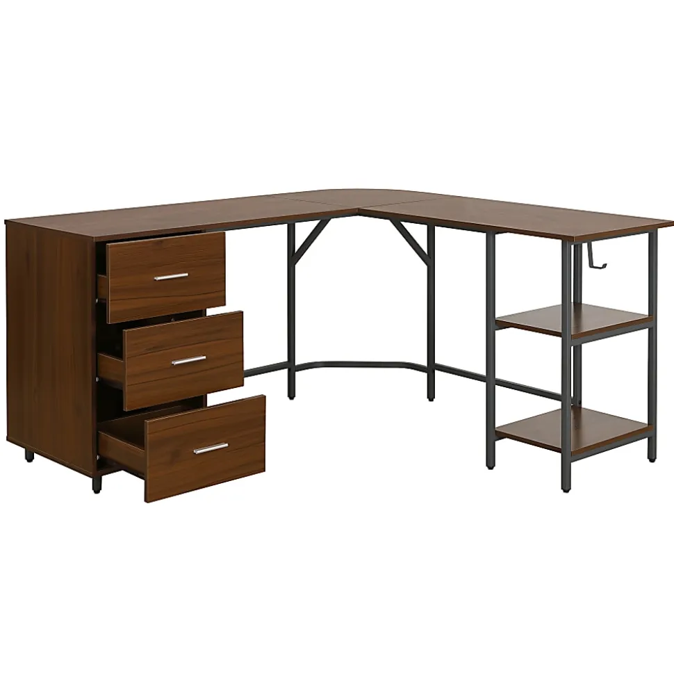 Techni Mobili 59"W L-Shaped 2-Tone Home Office Computer Desk With Storage, Walnut