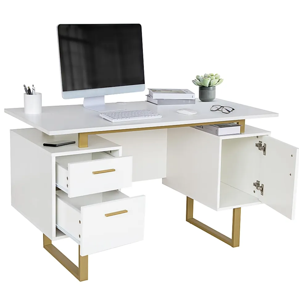 Techni Mobili 52"W Modern Computer Desk With Storage, White/Gold