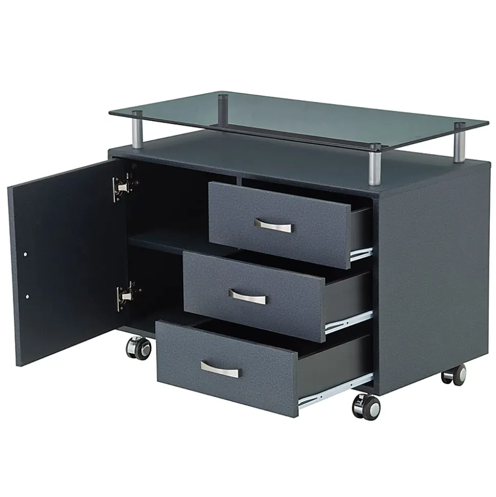 Techni Mobili 32"W Rolling Storage Cabinet With Frosted Glass Top, Graphite Black