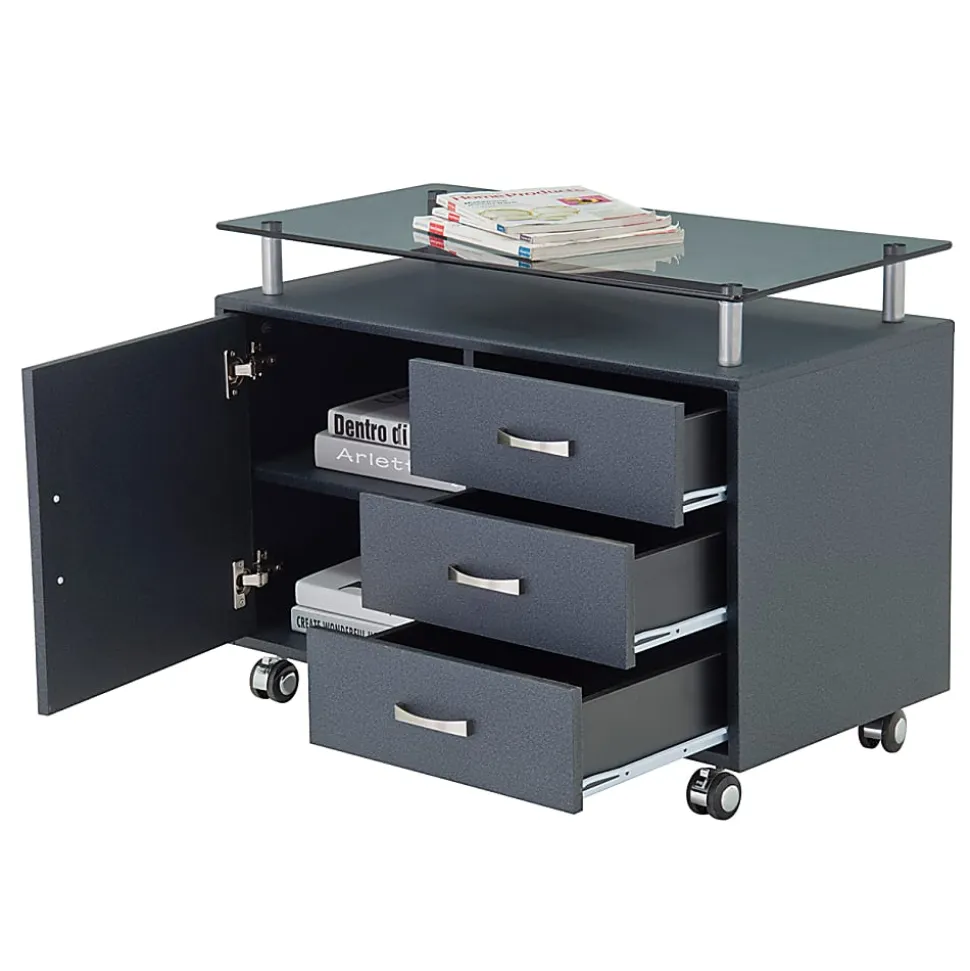 Techni Mobili 32"W Rolling Storage Cabinet With Frosted Glass Top, Graphite Black
