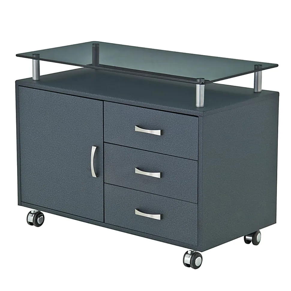 Techni Mobili 32"W Rolling Storage Cabinet With Frosted Glass Top, Graphite Black