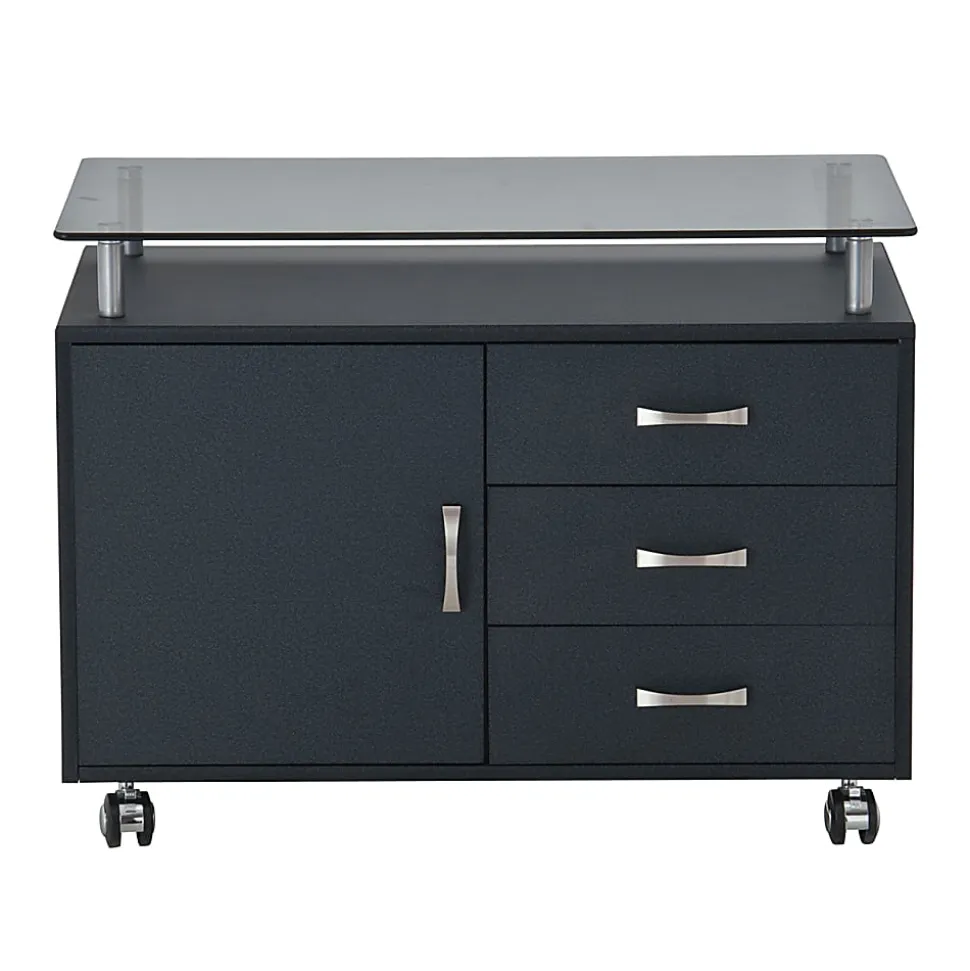 Techni Mobili 32"W Rolling Storage Cabinet With Frosted Glass Top, Graphite Black