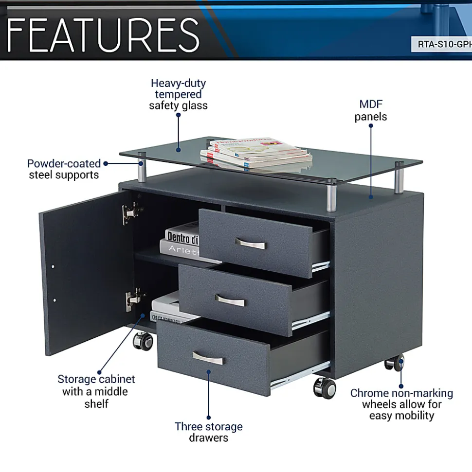 Techni Mobili 32"W Rolling Storage Cabinet With Frosted Glass Top, Graphite Black