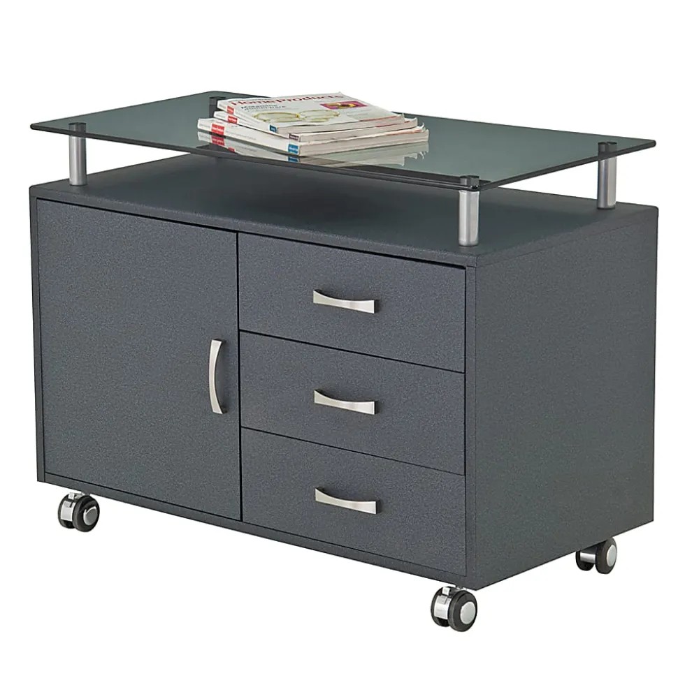 Techni Mobili 32"W Rolling Storage Cabinet With Frosted Glass Top, Graphite Black