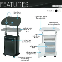 Techni Mobili 24”W Sit-to-Stand Rolling Adjustable Height Laptop Cart Standing Desk With Storage, Black, Total Qty 1
