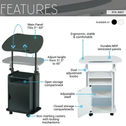 Techni Mobili 24”W Sit-to-Stand Rolling Adjustable Height Laptop Cart Standing Desk With Storage, White, Total Qty 1