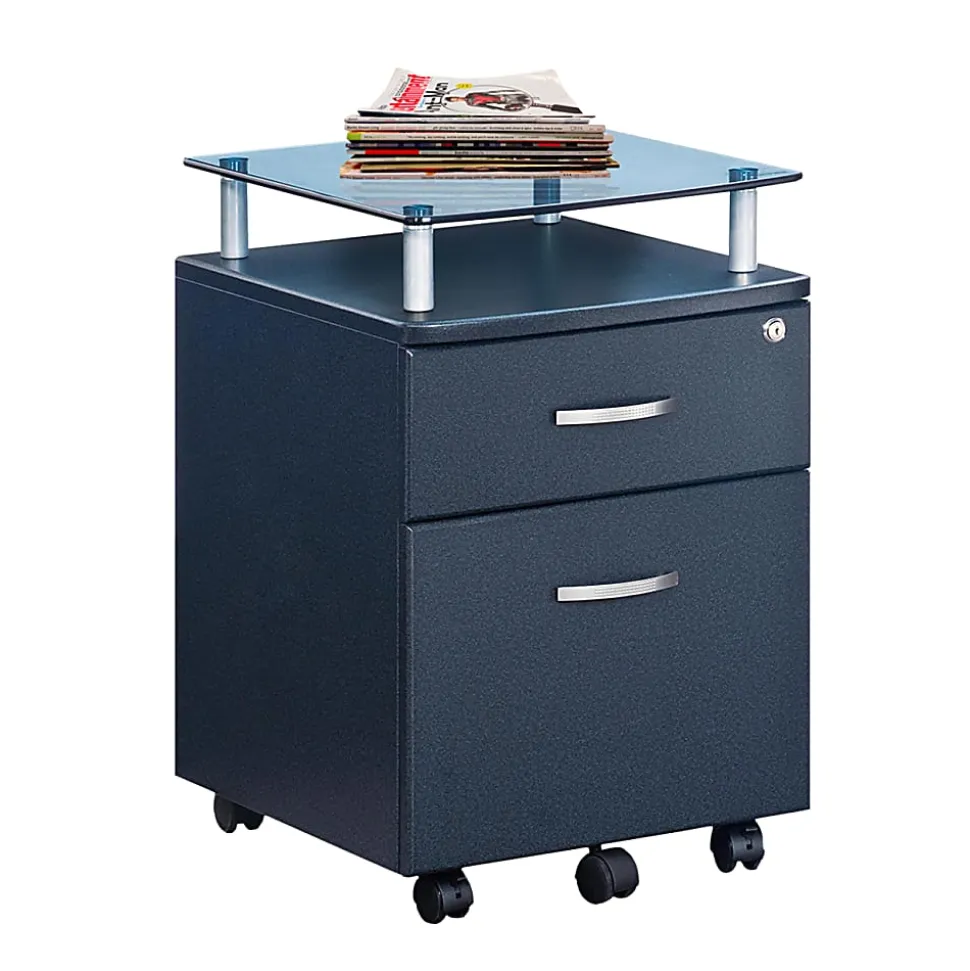 Techni Mobili 15-3/4”W x 17-1/2”D Lateral 2-Drawer Mobile Locking Glass Top File Cabinet, Graphite Black