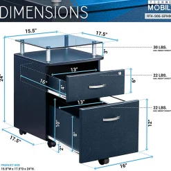 Techni Mobili 15-3/4”W x 17-1/2”D Lateral 2-Drawer Mobile Locking Glass Top File Cabinet, Graphite Black