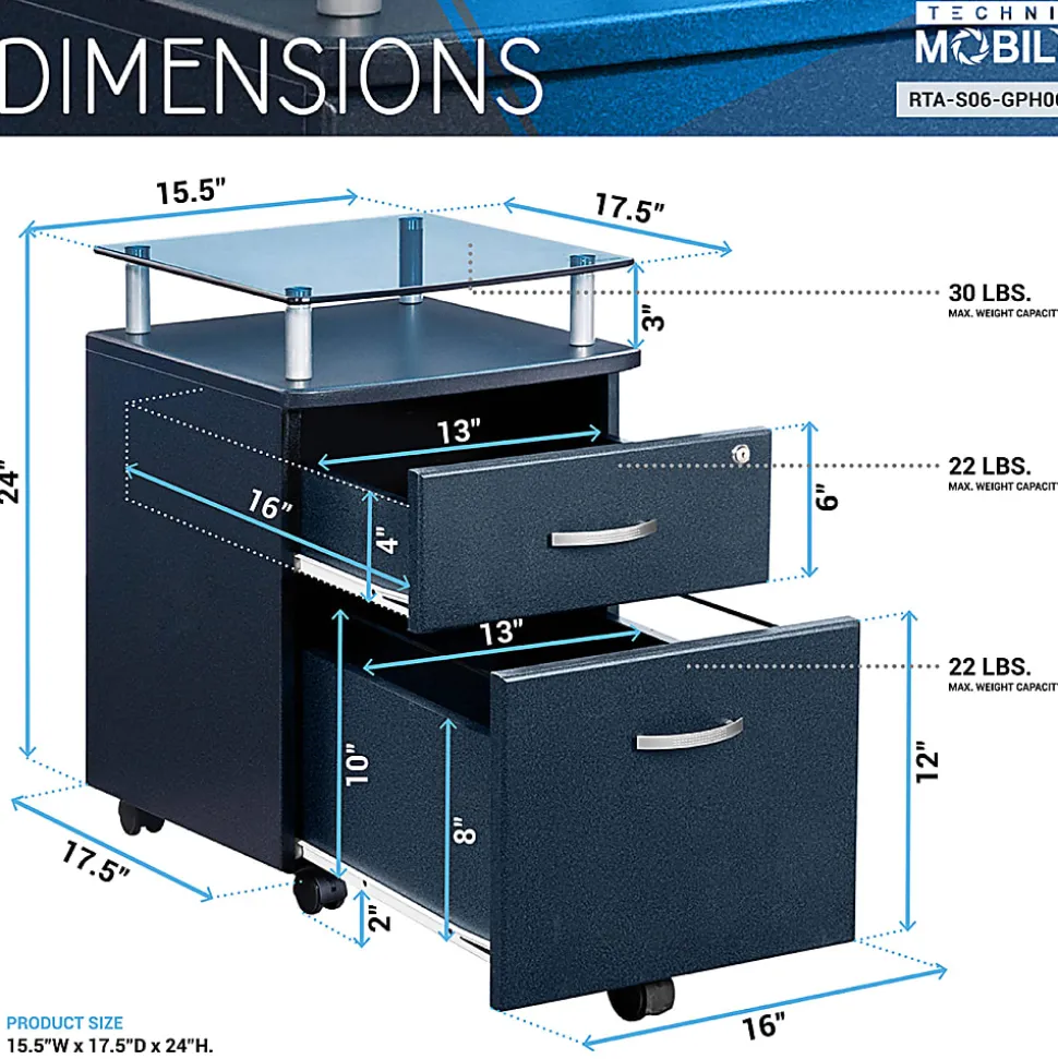 Techni Mobili 15-3/4”W x 17-1/2”D Lateral 2-Drawer Mobile Locking Glass Top File Cabinet, Graphite Black