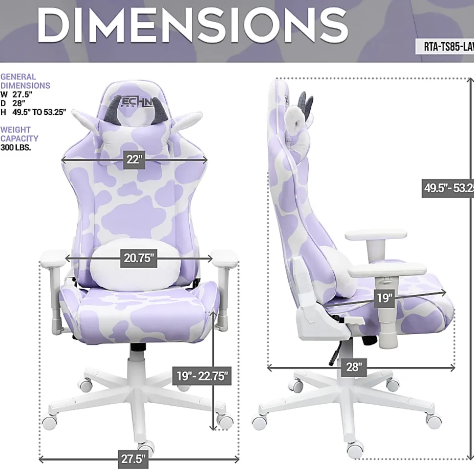 Techni Sport Cow Series Ergonomic Fabric Computer Gaming Chair, Lavender