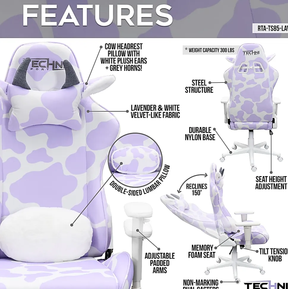 Techni Sport Cow Series Ergonomic Fabric Computer Gaming Chair, Lavender