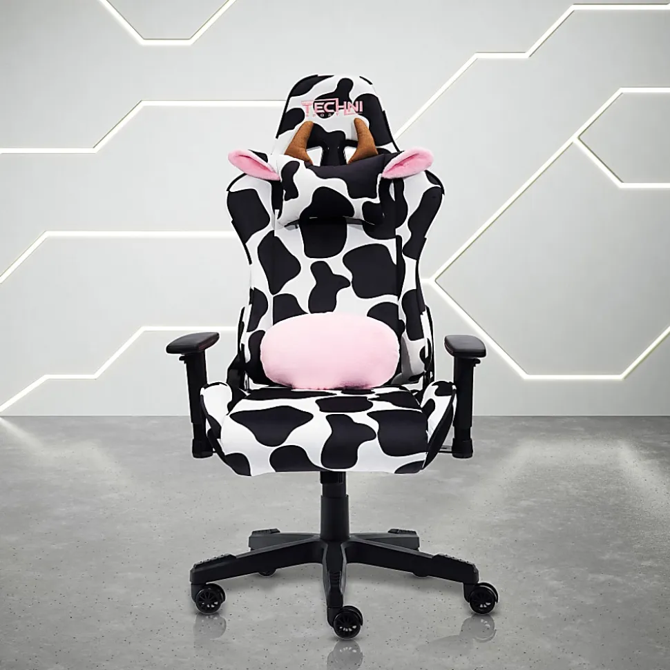 Techni Sport Cow Series Ergonomic Fabric Computer Gaming Chair, White/Black