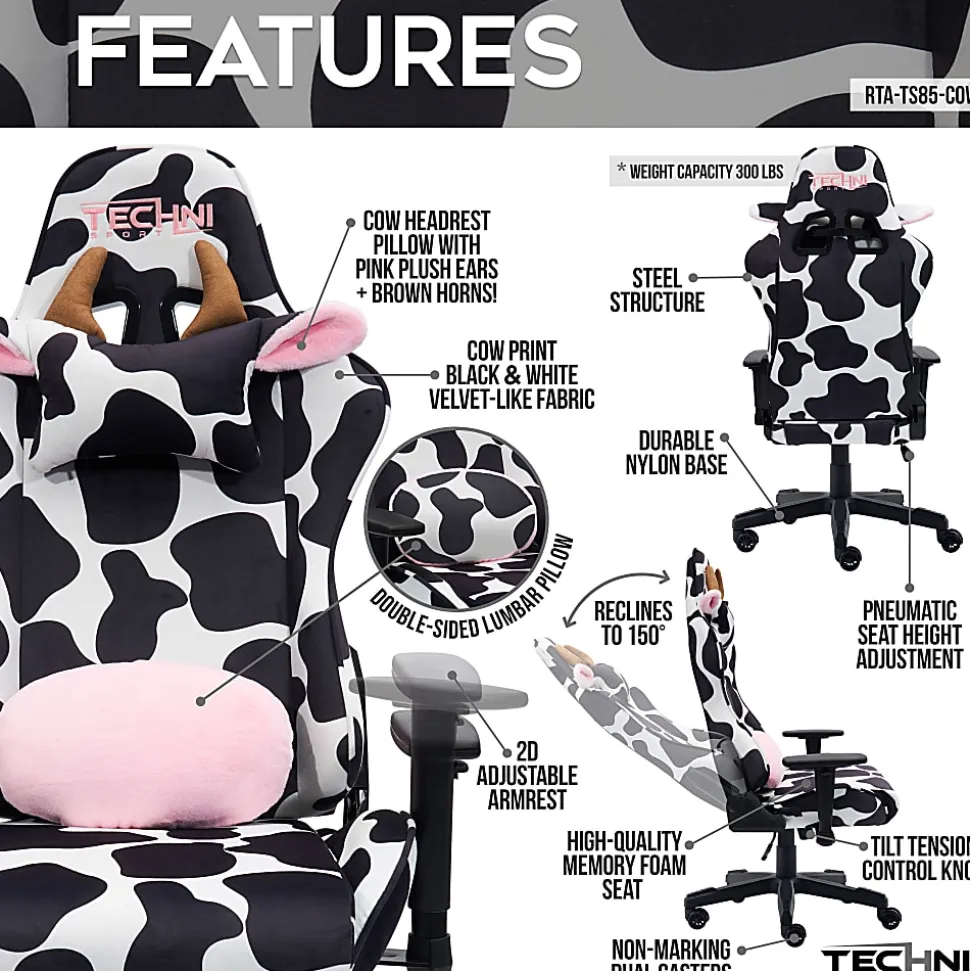 Techni Sport Cow Series Ergonomic Fabric Computer Gaming Chair, White/Black