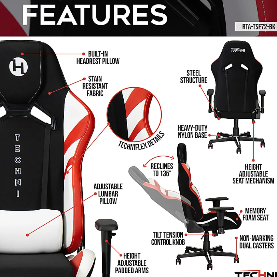 Techni Sport Echo 2.0 Ergonomic Fabric Computer Gaming Chair, Red/Black