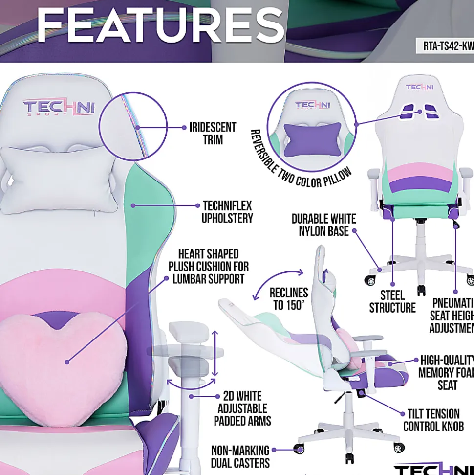 Techni Sport Kawaii Ergonomic Faux Leather Computer Gaming Chair, Multicolor