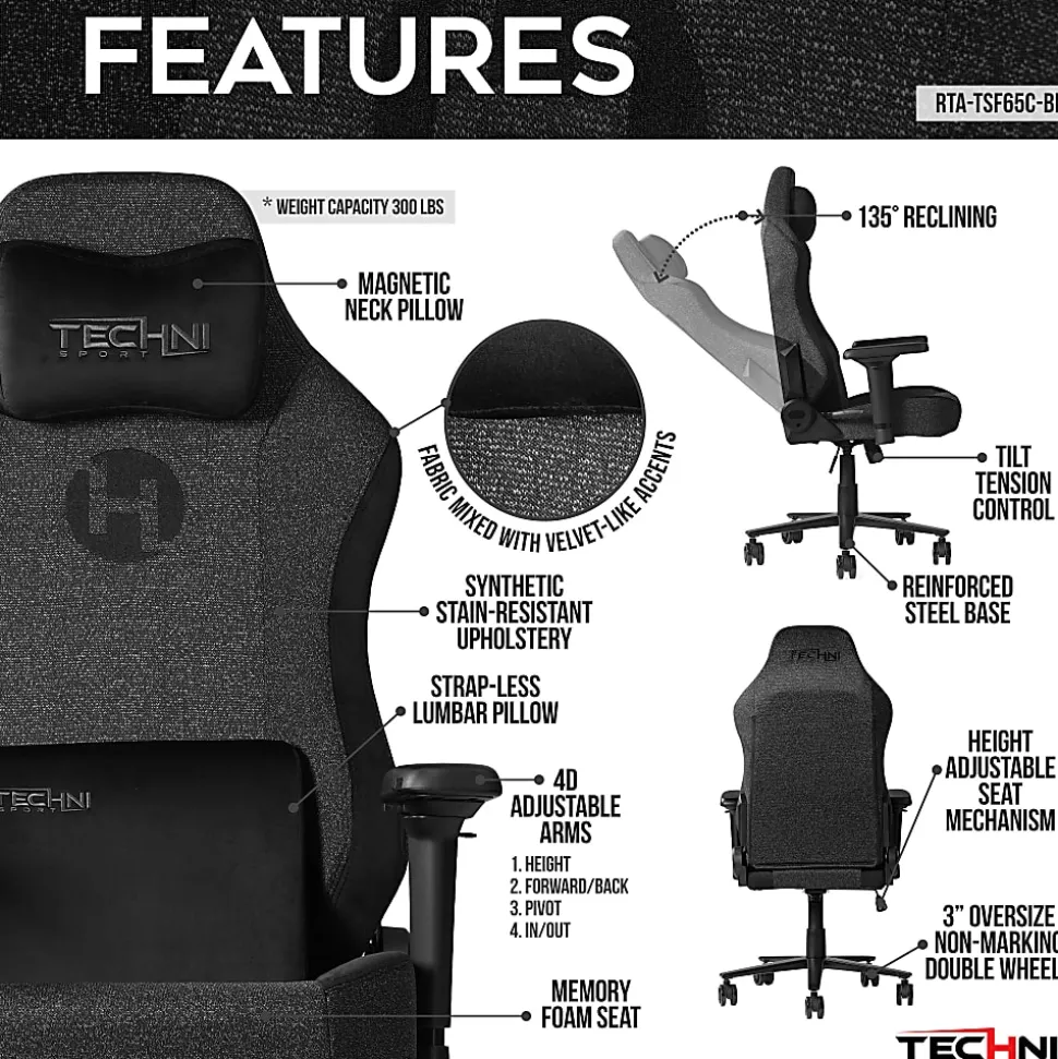 Techni Sport Orion Series Ergonomic Fabric Computer Gaming Chair, Black