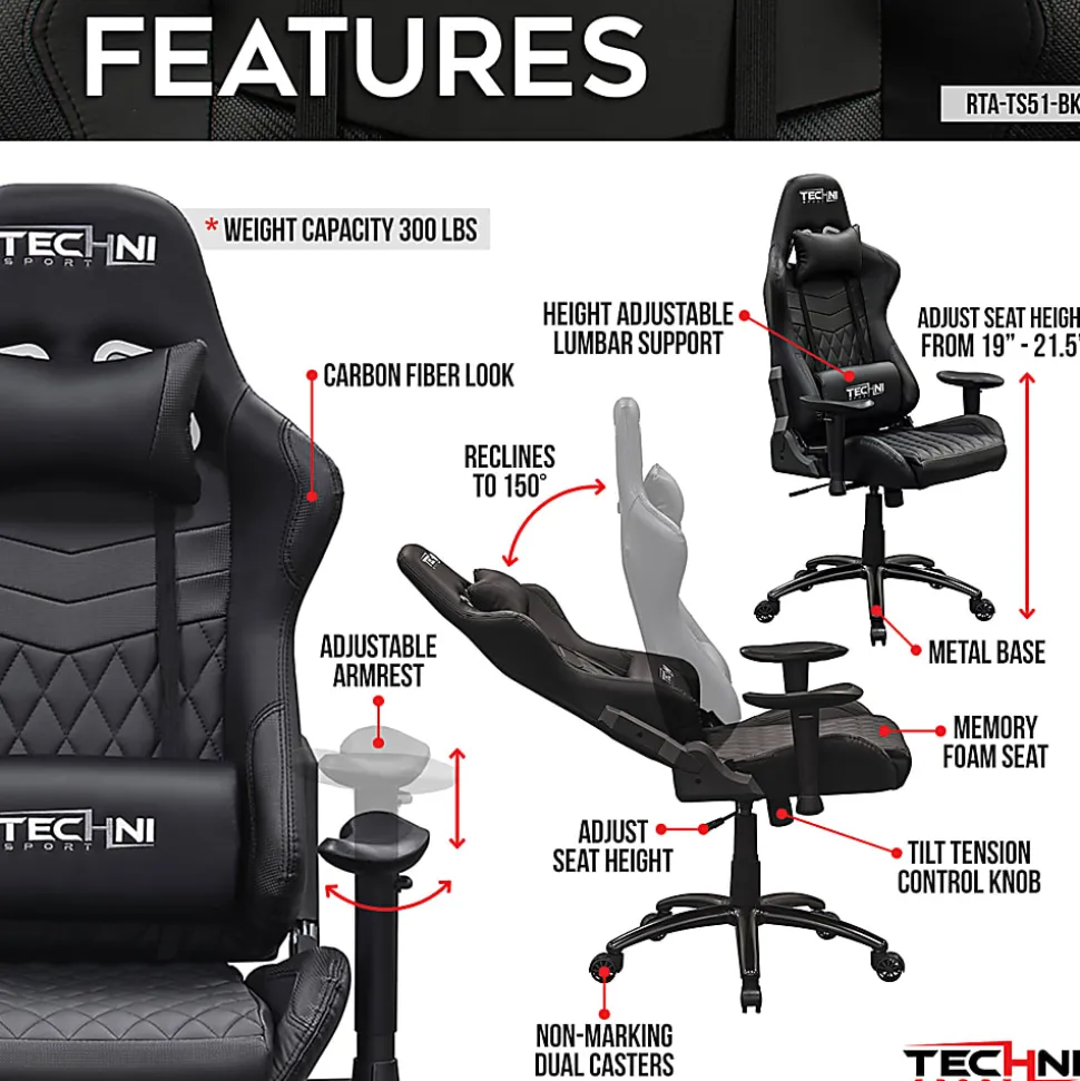 Techni Sport TS51-BK Ergonomic Faux Leather Computer Gaming Chair