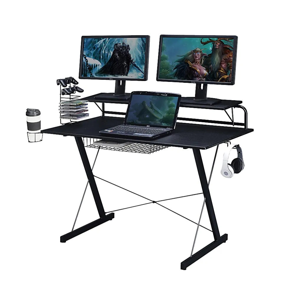 Techni Sport 48"W Carbon Gaming Computer Desk With Shelving, Black